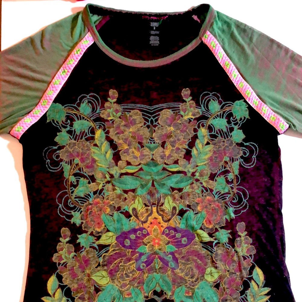 CUSTO BARCELONA Long Sleeve Mystic Top Tee Sz 4 Med Floral Green Purple Colorful